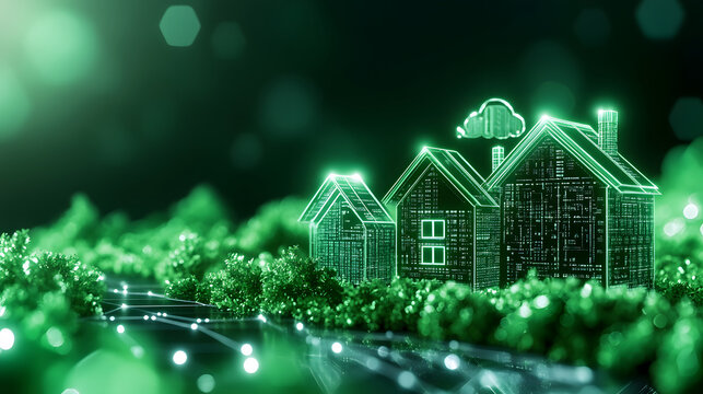 A futuristic digital rendering of green houses amidst lush vegetation, symbolizing eco-friendly living and sustainable architecture