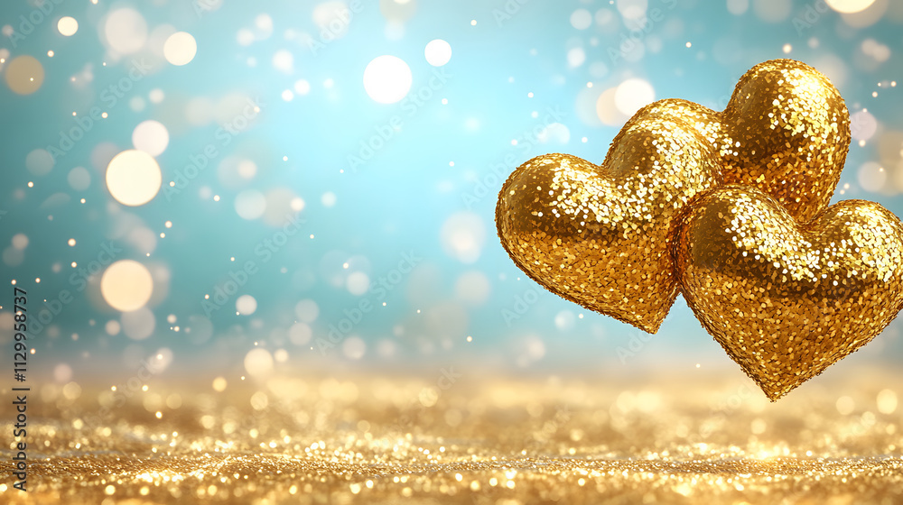 Poster three sparkling golden hearts against a soft blue background, surrounded by shimmering bokeh, creati