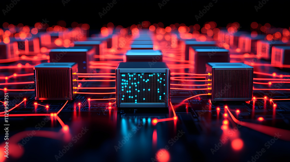 Poster A futuristic network of interconnected processors glowing with red and blue lights, symbolizing advanced technology and data processing