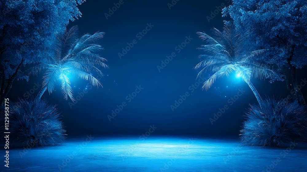 Poster a serene night scene featuring glowing palm trees against a deep blue background, creating a tranqui