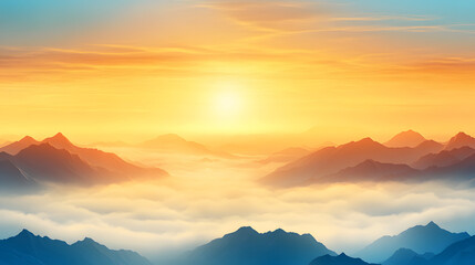 A breathtaking sunrise casts golden hues over misty mountains, creating a serene and tranquil landscape filled with warm colors and soft clouds