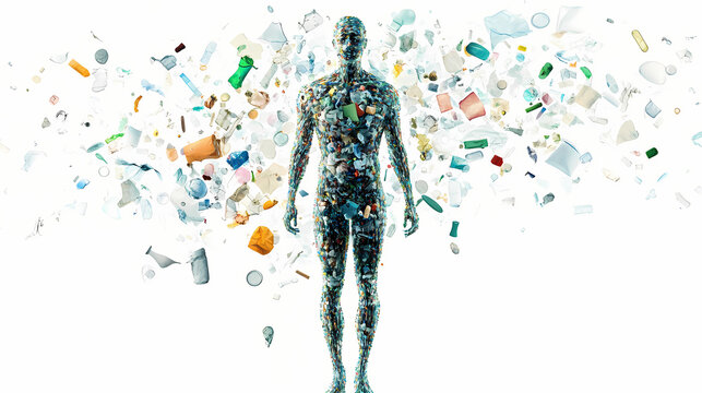 Image of microplastics floating above the human body. this is a metaphor for how ubiquitous microplastics are in everyday life. isolated on white background. Omnipresent. Illustration