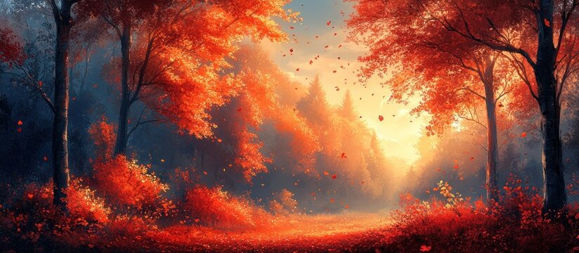 Vibrant Autumn Landscape with Golden Hour Light and Falling Leaves