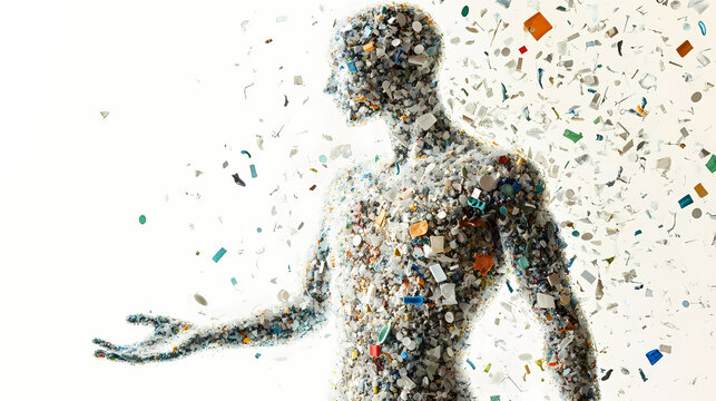 Image of microplastics floating above the human body. this is a metaphor for how ubiquitous microplastics are in everyday life. isolated on white background. Omnipresent. Illustration