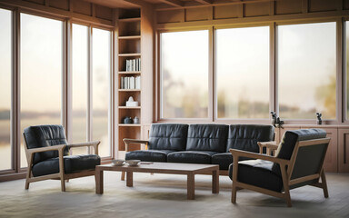 Fototapeta premium modern living room with a large black sofa and two black armchairs. The room has wooden , including a wooden coffee table and a bookshelf. There is a potted plant near the window.