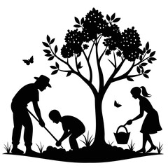 People planting trees perfect black silhouette vector illustration, Nature-Inspired Vector Graphics