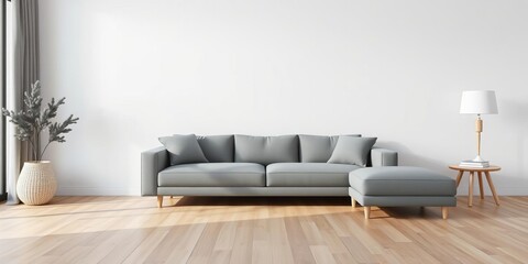 Modern Scandinavian style living room with gray sofa on wood floor, white wall background, minimalistic design, cozy atmosphere, 3D render, modern, 3D render