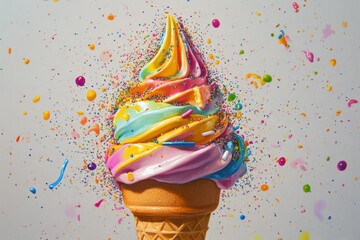 Rainbow Ice Cream Cone Exploding With Sprinkles