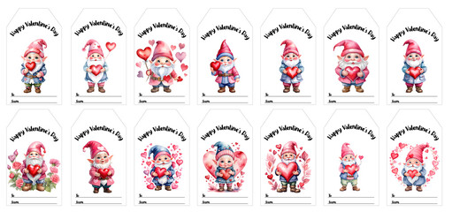 A set of cute Valentine's Day gift tags featuring cute Gnomes, hearts and flower..Festive gift tags with adorable characters and hearts, perfect for children's gifts