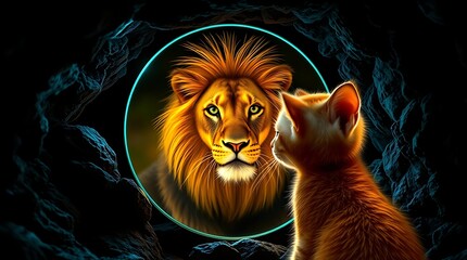 A lion looking into a mirror and seeing a kitten's reflection, symbolizing self-perception, hidden potential, and inner strength.

