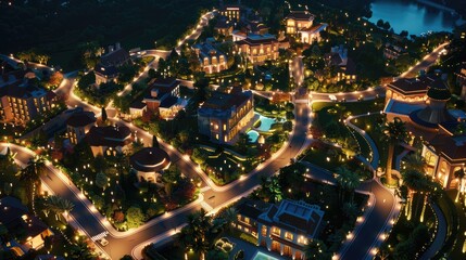 Obraz premium Night view of a luxury housing project with illuminated homes, streets, and landscaped gardens