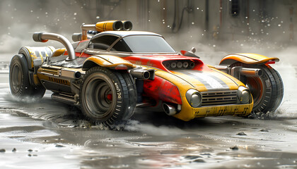 Hightech custom racing car with aggressive design and massive tires on wet urban street. Ideal for futuristic visuals, adventure, automotive power, speed, urban technology