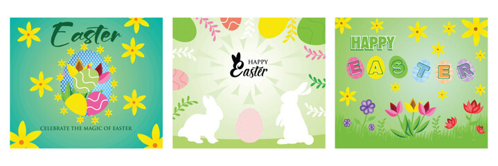 Happy Easter Day holiday. Trendy Easter design With Eggs and Bunnies. Spring Flowers and Easter Eggs Design. Set flat vector modern illustration