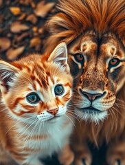 A kitten looking at its reflection in a mirror, seeing a lion, symbolizing self-confidence, strength, and untapped potential.

