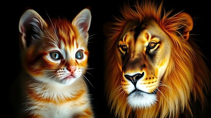 A kitten looking at its reflection in a mirror, seeing a lion, symbolizing self-confidence, strength, and untapped potential.

