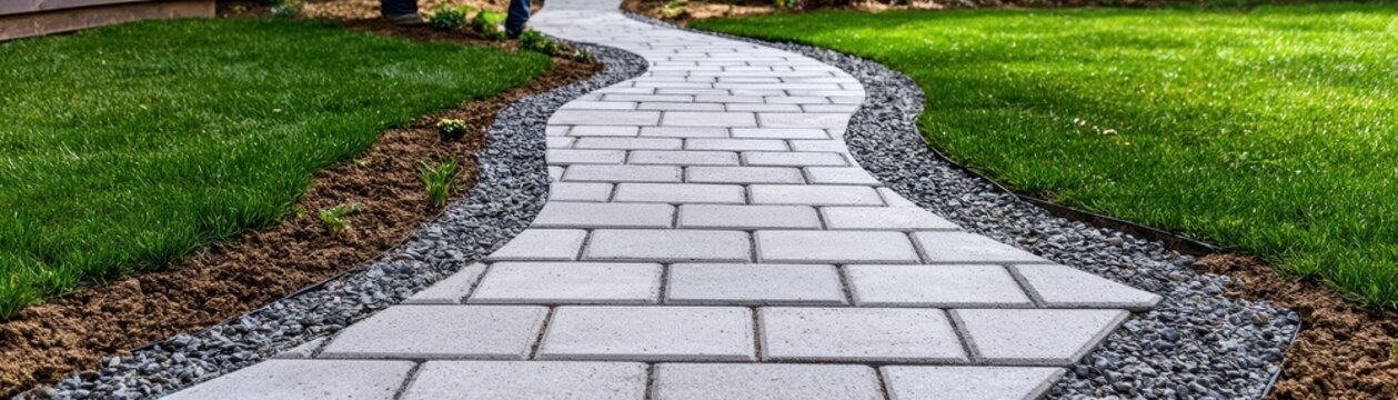 A winding stone pathway bordered by grass and gravel, leading through a landscaped area, creating an inviting outdoor space.