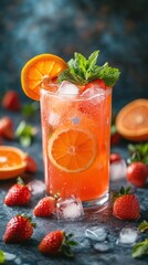 A refreshing cocktail with strawberries and oranges, garnished with mint, served over ice.