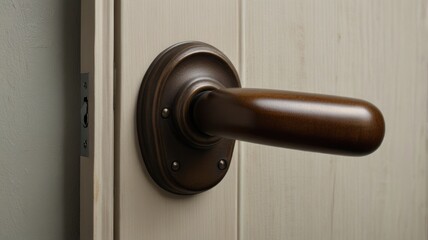 Obraz premium Close-up of elegant, dark brown wooden door handle on light wood door.