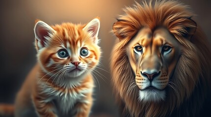 A kitten looking at its reflection in a mirror, seeing a lion, symbolizing self-confidence, strength, and untapped potential.

