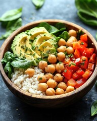 A nutritious bowl featuring chickpeas, avocado, spinach, and diced tomatoes.