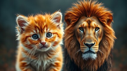 A kitten looking at its reflection in a mirror, seeing a lion, symbolizing self-confidence, strength, and untapped potential.

