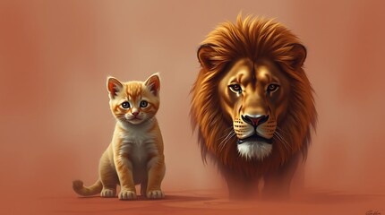 A kitten looking at its reflection in a mirror, seeing a lion, symbolizing self-confidence, strength, and untapped potential.

