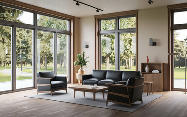 Fototapeta premium modern living room with a large black sofa and two black armchairs. The room has wooden , including a wooden coffee table and a bookshelf. There is a potted plant near the window.