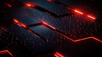 Futuristic Dark Geometric Background with Red Glowing Hexagons and Dramatic Lighting