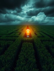 A glowing lightbulb at the heart of a vast green maze, symbolizing the emergence of an idea or solution amidst a complex challenge.

