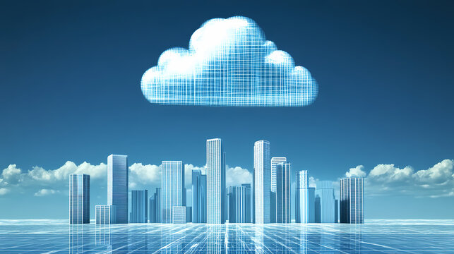 Cloud computing concept in a futuristic city with a digital cloud above. Omnipresent. Illustration