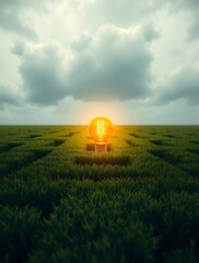 A glowing lightbulb at the heart of a vast green maze, symbolizing the emergence of an idea or solution amidst a complex challenge.

