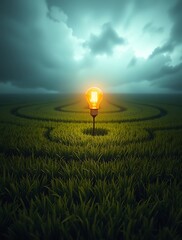 A glowing lightbulb at the heart of a vast green maze, symbolizing the emergence of an idea or solution amidst a complex challenge.

