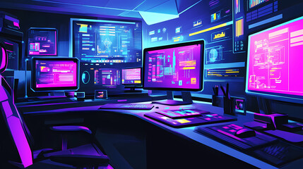 Fototapeta premium Cutting edge technological workspace with futuristic aesthetic and vibrant color palette. Omnipresent. Illustration