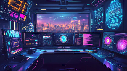 Obraz premium Cutting edge technological workspace with futuristic aesthetic and vibrant color palette. Omnipresent. Illustration