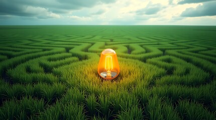 A glowing lightbulb at the heart of a vast green maze, symbolizing the emergence of an idea or solution amidst a complex challenge.

