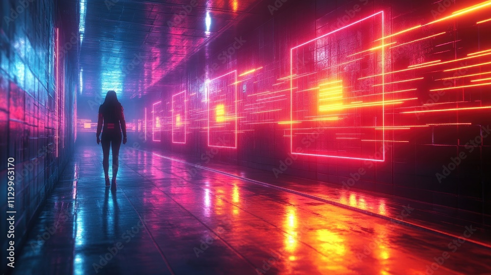Poster futuristic neon landscape with radial symmetry and dynamic light sources in cyberpunk style