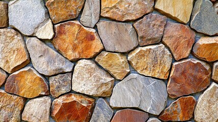 A textured wall made of variously shaped and colored stones, showcasing natural hues and rustic charm.