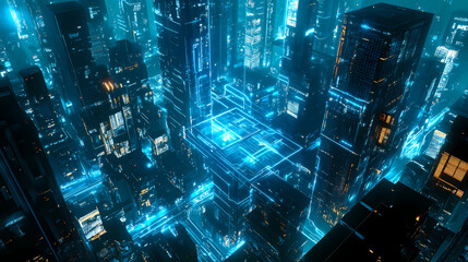 Futuristic digital grid with glowing blue patterns. Omnipresent. Illustration