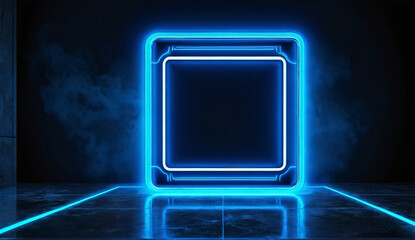 A mesmerizing blue neon frame radiates a vibrant glow, casting a captivating light on a sleek concrete floor, contrasting dramatically with swirling smoke. This versatile template allows you to stand 