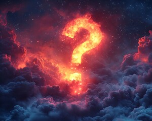 Surreal Floating Question Mark in Dreamlike Cosmic Sky with Clouds and Stars