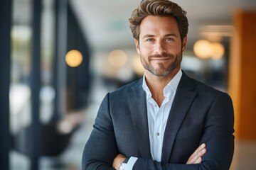 portrait of confident successful businessman smiling in modern office setting