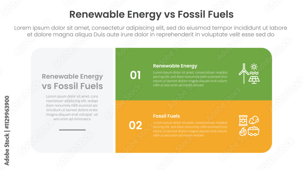 Poster renewable energy vs fossil fuels comparison concept for infographic template banner with big round b