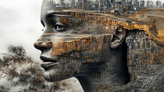 The Weight of the World: A surreal and thought-provoking portrait of a woman, her face composed of a rugged cityscape and industrial landscape, symbolizing the burdens of modern society.
