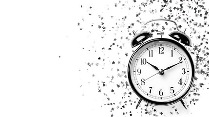 black and white countdown clock surrounded by flying confetti creates festive atmosphere