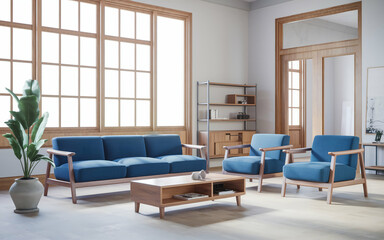 modern living room with a large blue sofa and two blue armchairs. The room has wooden , including a wooden coffee table and a bookshelf. There is a potted plant near the window.