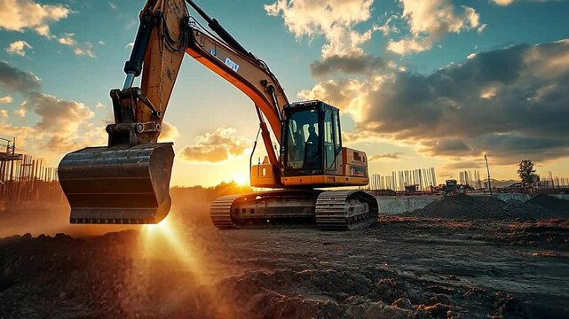 Excavator at Sunset: A powerful excavator silhouetted against a vibrant sunset, ready to reshape the landscape. The golden hour casts a dramatic glow on its powerful machinery.