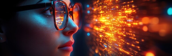 Future Business Professional Interacting with Holographic Interface in High-Tech Office Environment