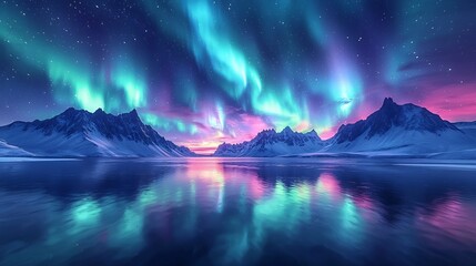 Fototapeta premium Mesmerizing Aurora Borealis Reflecting on a Serene Lake amidst Majestic Mountains
