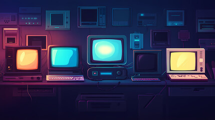 A row of various electronic devices with their power buttons illuminated, highlighting the ubiquitous nature of technology in modern life. Omnipresent. Illustration