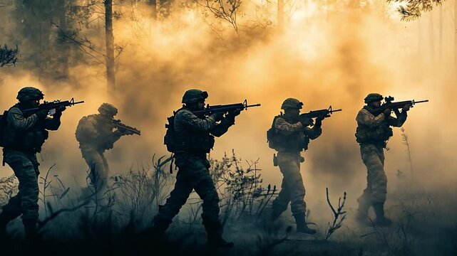 Tactical Squad Operation: Silhouetted soldiers advance through smoke and fire, showcasing teamwork and determination in a dramatic military operation.  